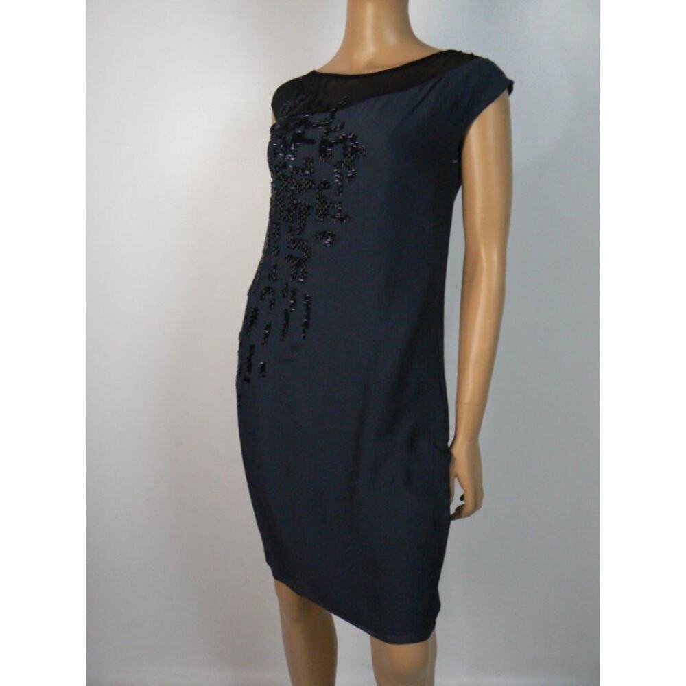 $498 Elie Tahari Navy Black Beaded Illusion Neckline Silk Shift Dress 0 NEW
